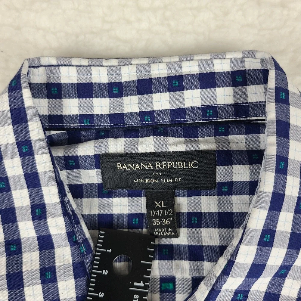 Banana Republic Shirt Mens XL Blue Navy Plaid Non Iron Slim Fit Dress‎ Button Up